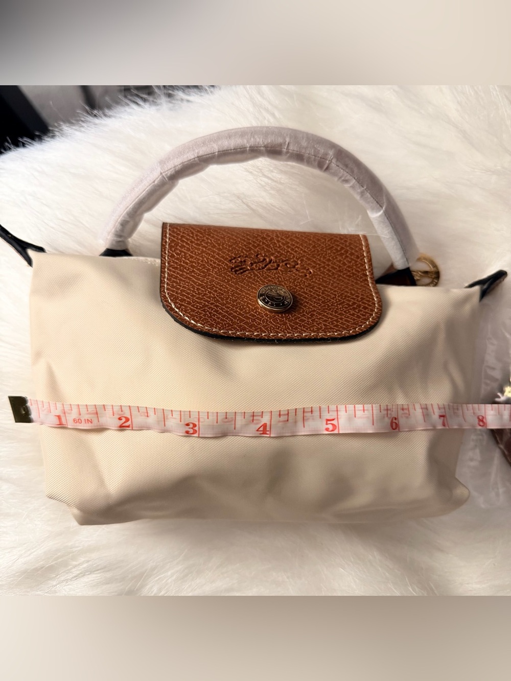 Longchamp Mini Top-Handle Bag in Cream with Brown Trim